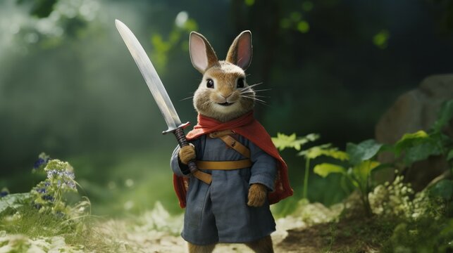 A rabbit is holding a sword and wearing a red cape. The image has a playful and whimsical mood, as the rabbit is dressed up like a knight and holding a sword