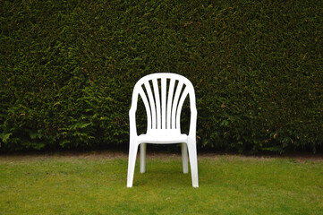 White chair in front of a hedge in a garden