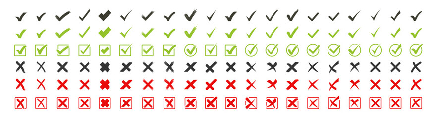 Green check mark and red cross icon set, circle and square. Tick symbol in green color. Hand drawn checkmark illustration