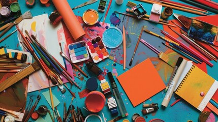A colorful array of art supplies scattered across a table, beckoning students to unleash their creativity on blank canvases.