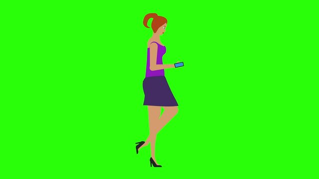 Women walking and looking in the phone animation, chroma key, seamless loop