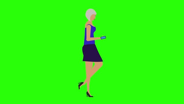 Women walking and looking in the phone animation, chroma key, seamless loop