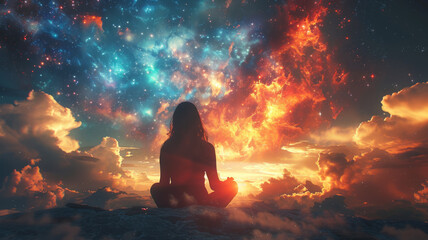 Radiant woman meditates amid cosmic splendor.generative ai