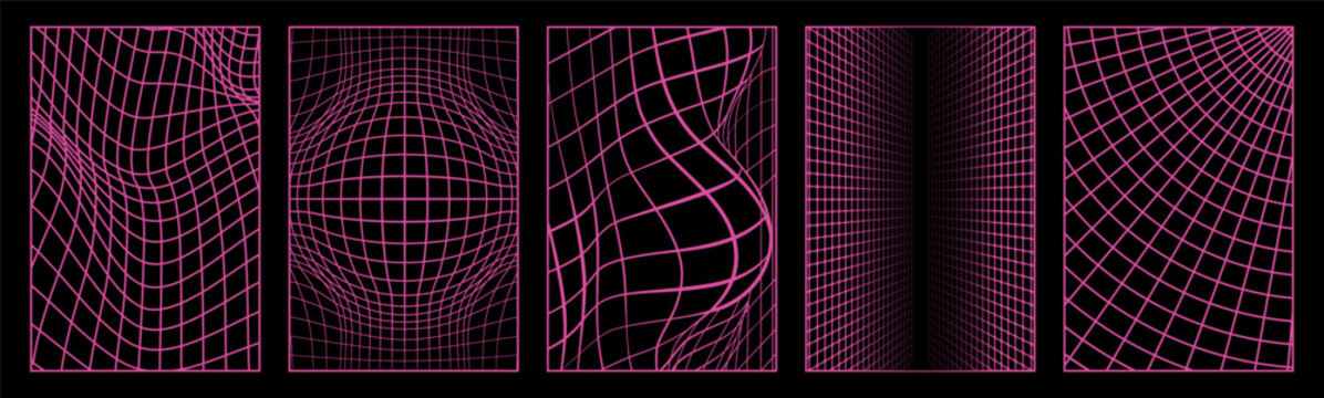 Set of geometry wireframe grid backgrounds. Cyberpunk elements in trendy psychedelic rave style. Set of distorted vertical grid pattern and checkerboard pattern