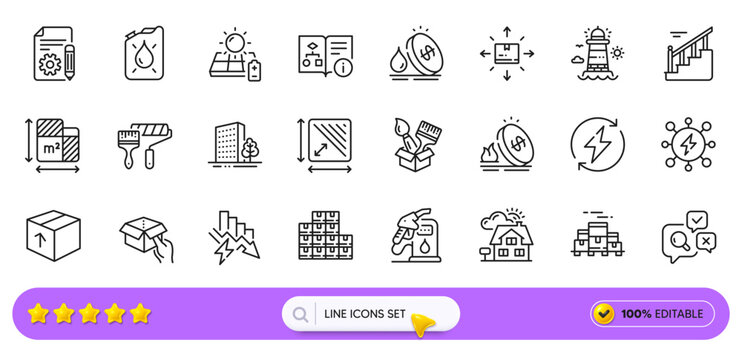 Cardboard box, Boxes pallet and Technical algorithm line icons for web app. Pack of Wholesale inventory, Buildings, Canister pictogram icons. Solar panel, Renewable power. Search bar. Vector