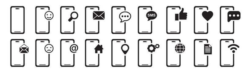smartphone icon set with reaction, message sign, like. Chat bubble icon. Telephone call sign. Contact us symbol. Cell phone pictogram isolated on white background. - obrazy, fototapety, plakaty