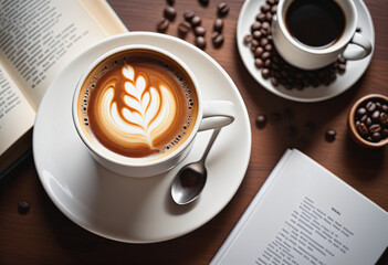 Hot coffee with book and coffee bean