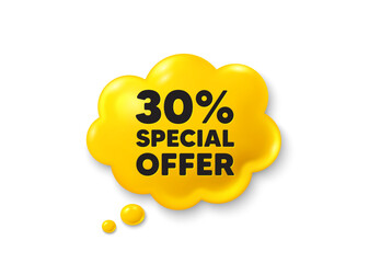 30 percent discount offer tag. Comic speech bubble 3d icon. Sale price promo sign. Special offer symbol. Discount chat offer. Speech bubble comic banner. Discount balloon. Vector