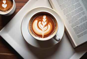 Hot coffee with book and coffee bean - obrazy, fototapety, plakaty