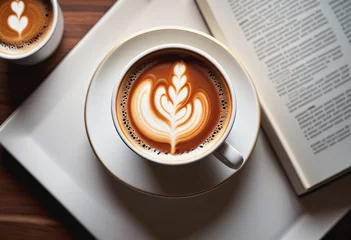 Keuken foto achterwand Koffiebar Hot coffee with book and coffee bean