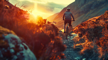 Mountain biker on a rocky trail with the setting sun casting a golden glow. - obrazy, fototapety, plakaty