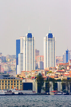 istanbul, turkey - 18 aug, 2015: skyscrapers in the far distance of the of the old city center. architecture development near the shore of bosphorus