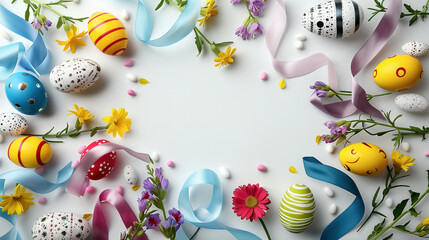 Easter Delight: Vibrant Flat Lay with Eggs, Flowers, and Ribbons