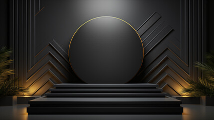 3D Black geometric stage podium. Dark background.

