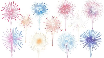A collection of clipart fireworks, showcasing different shapes and colors, illuminating the white background with their brilliance.