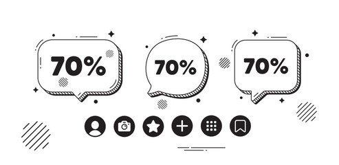 70 percent off sale tag. Speech bubble offer icons. Discount offer price sign. Special offer symbol. Discount chat text box. Social media icons. Speech bubble text balloon. Vector