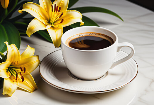 Hot coffee with yellow lily flower