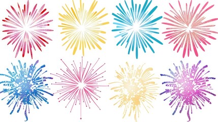 A collection of clipart fireworks, bursting with energy and color, set against a backdrop of pristine white.