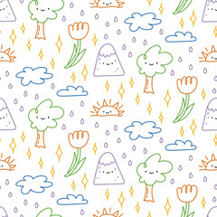 Hand drawn doodle squiggle outline seamless pattern in kids scribble style. Trendy hand-drawn sketch line vector background