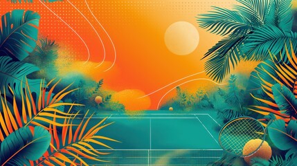 Tropical Sunset Tennis Match. Artistic Interpretation with Palm Silhouettes and Fiery Sky - obrazy, fototapety, plakaty
