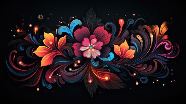 Elegant pattern of leaves and flowers with neon lighting on a dark background.