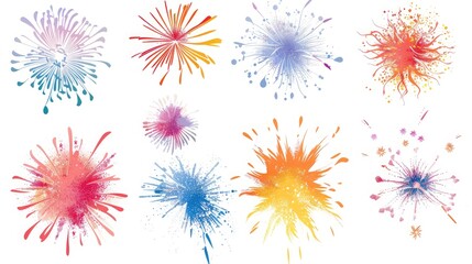 A collection of clipart fireworks, showcasing different shapes and colors, illuminating the white background with their brilliance.