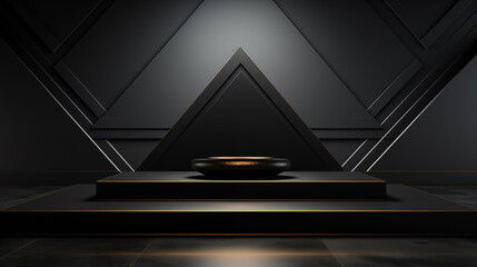3D Black geometric stage podium. Dark background.

