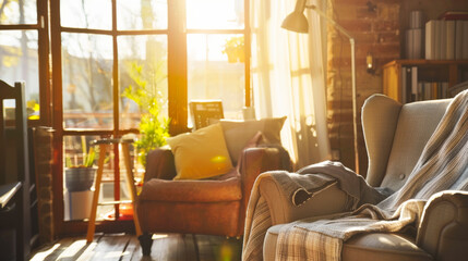 Cozy Living Room in Sunlight Warm Morning in Comfortable Home