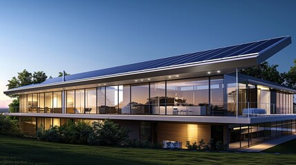 Fototapeta na wymiar Architectural Marvel: Sustainable Modern House with Advanced Solar Panels and Ground Source Heat Pump System.