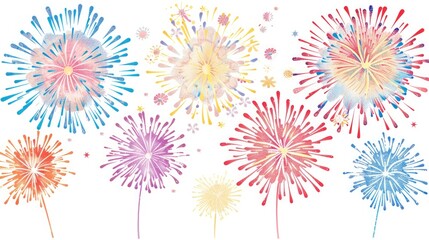A collection of clipart fireworks, showcasing different shapes and colors, illuminating the white background with their brilliance.