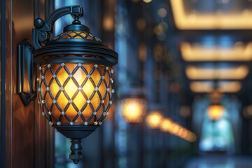 A lamp post lights up the city street, creating a cozy ambiance in the urban environment. - obrazy, fototapety, plakaty