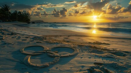 sunset on a paradisiacal beach with sand that forms a circle - obrazy, fototapety, plakaty