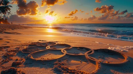 sunset on a paradisiacal beach with sand that forms a circle