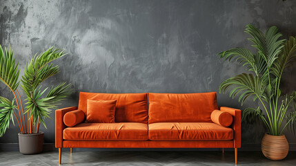 Modern room interior, terracotta sofa against a gray wall, armchair and tropical plant