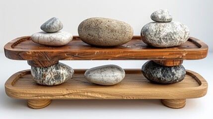 Fototapeta na wymiar Pebbles arranged on a wooden platform create a sense of harmony and serenity, ideal for meditation and relaxation.