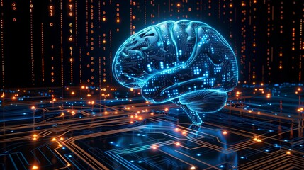 glowing circuitry within a cybernetic brain symbolizing futuristic technology - obrazy, fototapety, plakaty