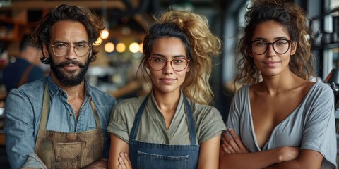 There are three people standing with their arms crossed. They are all wearing aprons and glasses, all looking at the camera. - obrazy, fototapety, plakaty