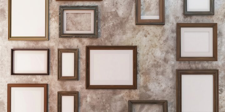Numerous empty photo and painting frames hang on a grey wall, offering endless possibilities for creative expression.