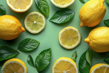 The light green background is decorated with lemons, lemon slices and delicate foliage.