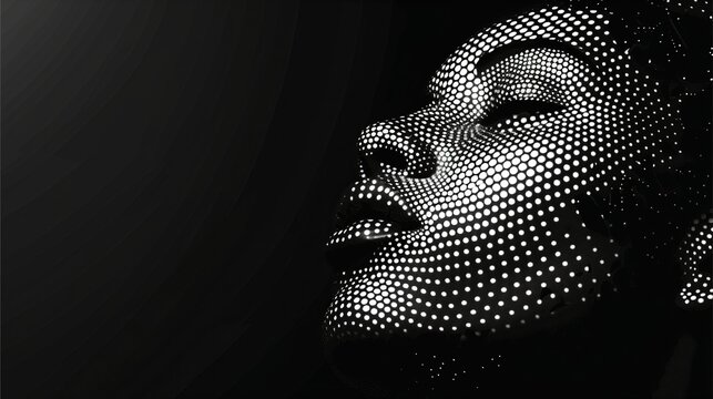 White halftone graphic woman face portrait on black background