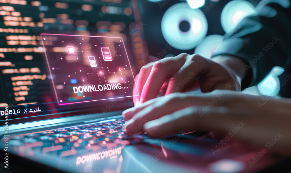 Poster person working on a laptop computer, with an illuminated document icon displayed, representing the c