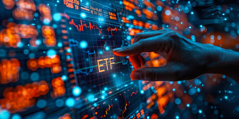 Futuristic digital display shows stock market data ETF trading, financial professional analyzing graphs & candlestick charts to make investment decisions using advanced technology and analytical tools - obrazy, fototapety, plakaty