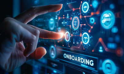 HR Manager Initiating a High-Tech Onboarding Process with Interactive Virtual Tools for Employee Integration and Training - obrazy, fototapety, plakaty