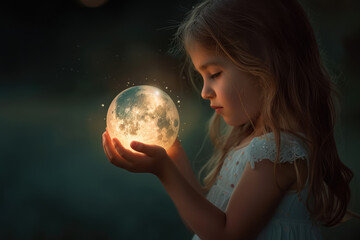 Naklejka premium Little girl holding a glowing moon ball