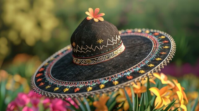 A black hat with a flower on it sits on a field of flowers. The hat is decorated with colorful designs and the flowers are bright and vibrant. Concept of joy and celebration, as the hat