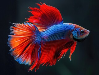 Fototapeta premium A beautiful blue and red fish with long fins. The fish is swimming in a dark blue tank