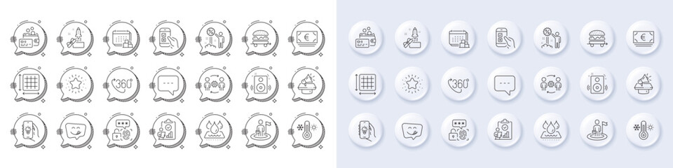 Yummy smile, Innovation and Food delivery line icons. White pin 3d buttons, chat bubbles icons. Pack of Mobile survey, Thermometer, Discount icon. Vector