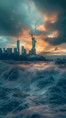 The Statue of Liberty stands in the midst of the ocean during a beautiful sunset, with the sky filled with colorful clouds and the atmosphere turning into a liquid afterglow - obrazy, fototapety, plakaty