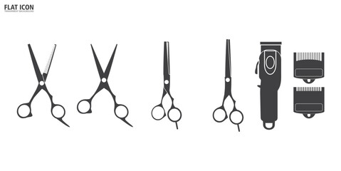 Flat icon of Hair shaver, Hair scissors, Barbershop equipment, tools of barber shop, Barbershop icon vector symbol illustration in transparent background.
