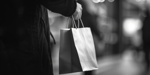 A person is holding a shopping bag in a black and white photo. Concept of simplicity and...